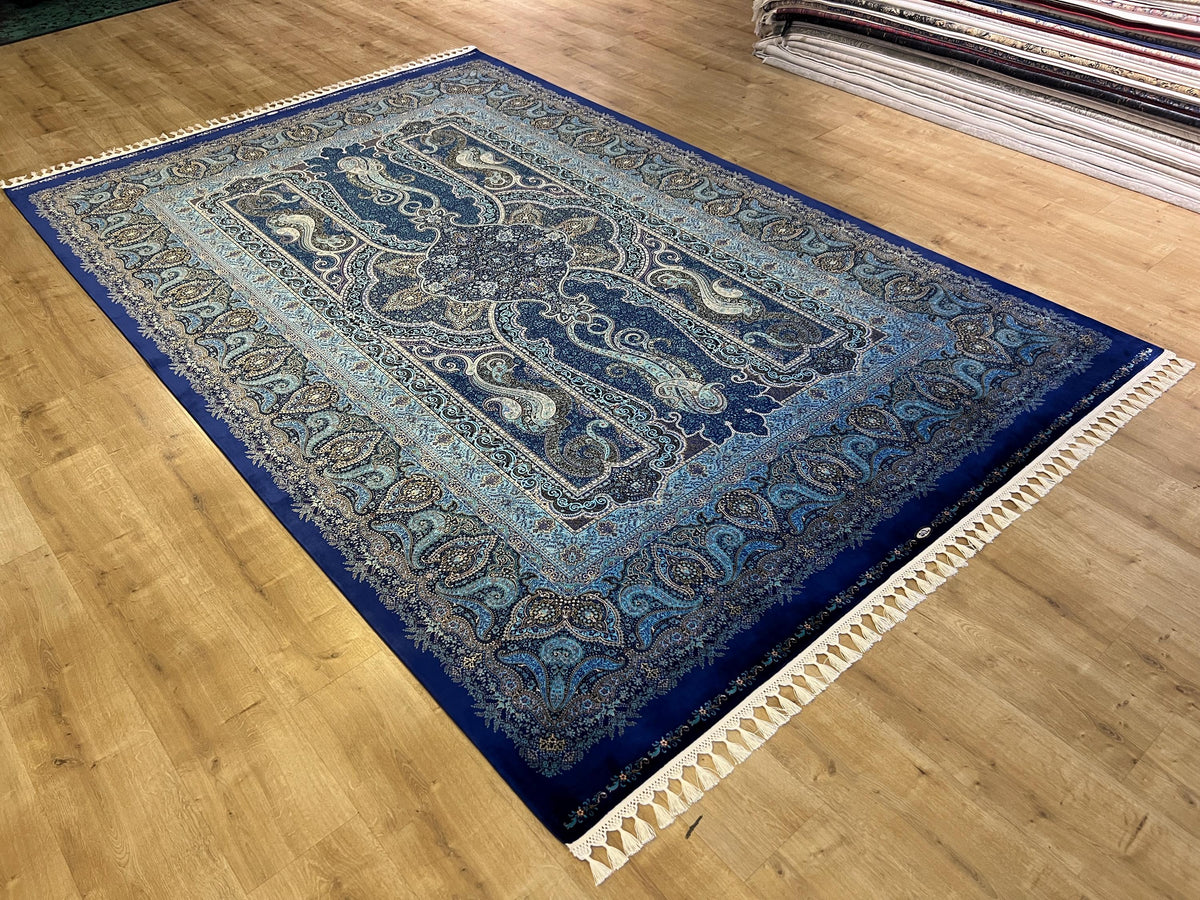 Modal Silk Rug, Dark Blue Gold Medallion Design, Luxury Turkish Carpet, Home Decor