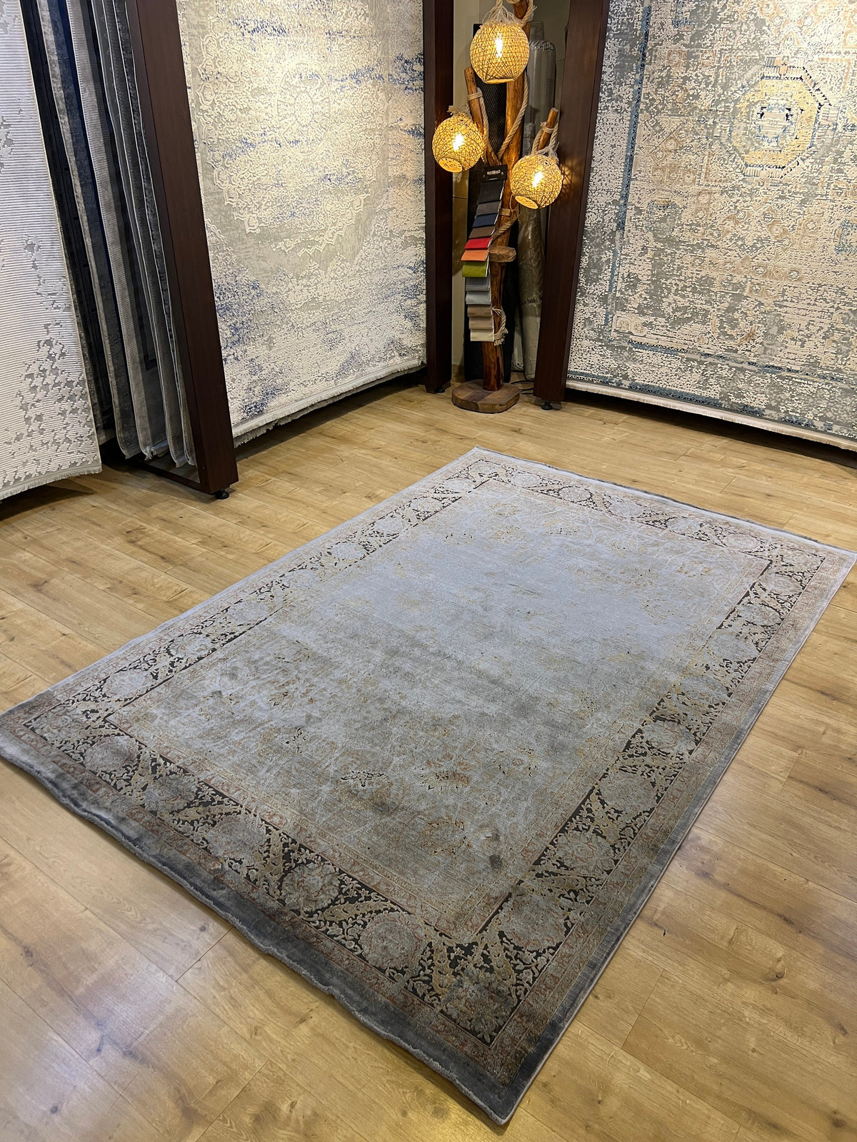 Gray Bamboo Silk Rug, Turkish Carpet, 5x8 ft, Living Room