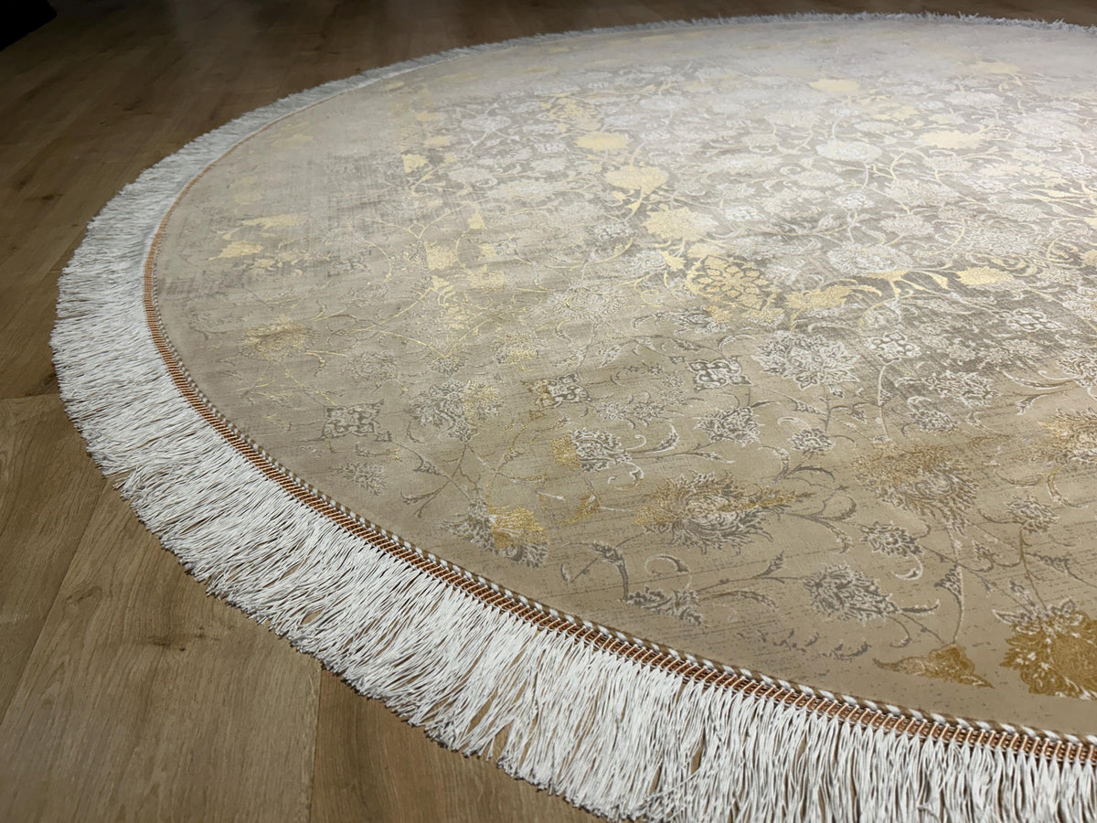 7x7 Ft Beige Gold Silk Rug, Distressed Floral Pattern Carpet