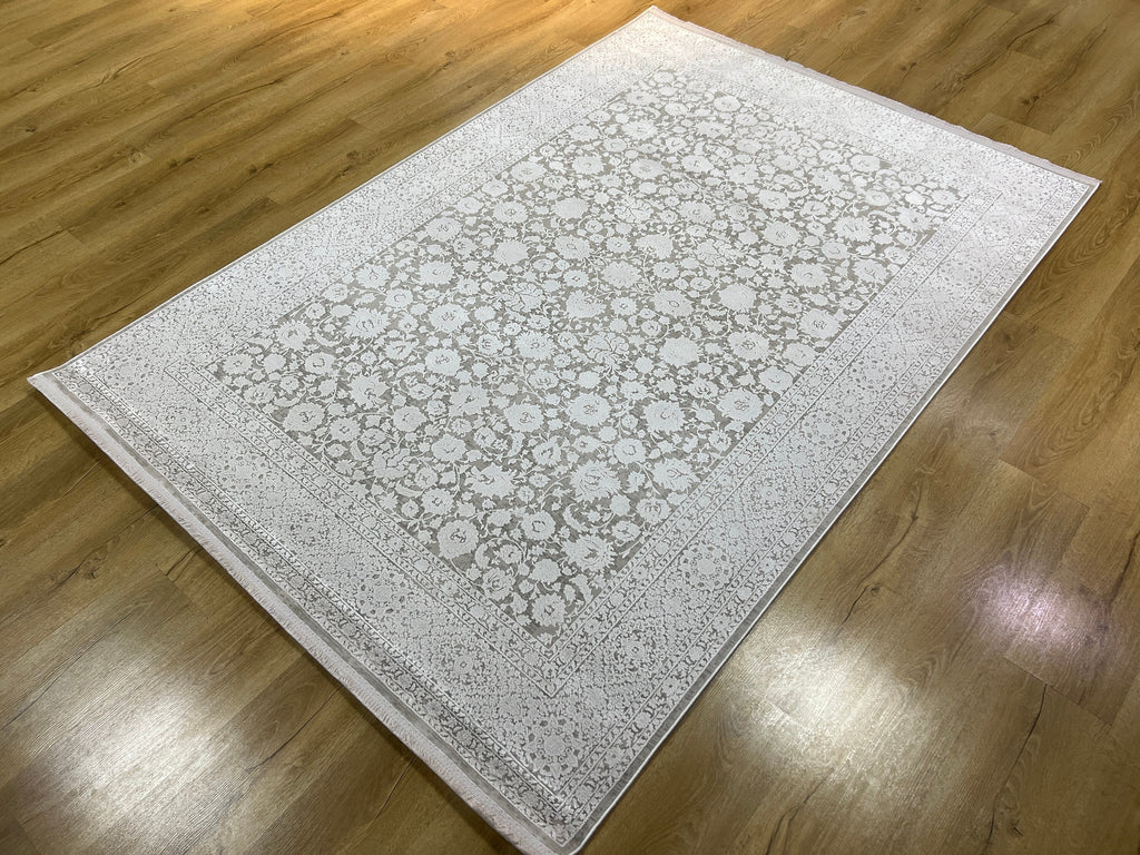 White Floral Bamboo Rug 5x8 ft, Turkish Carpet