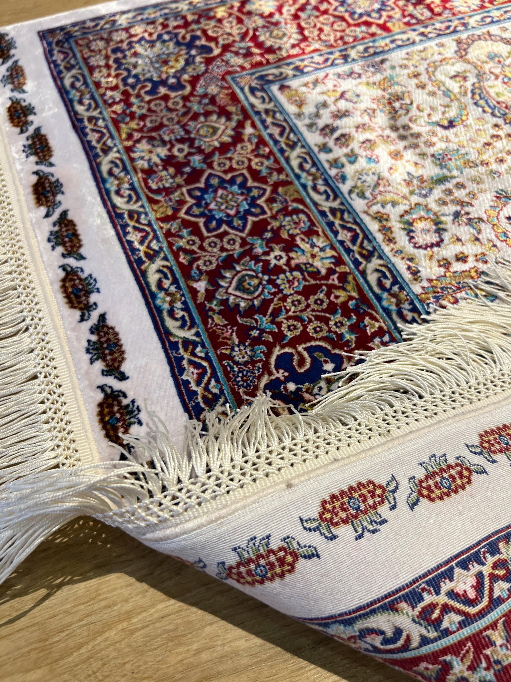 Silk Prayer Rug, Red Blue Muslim Gift Mat, Janamaz Rug 2.62x4.10 ft