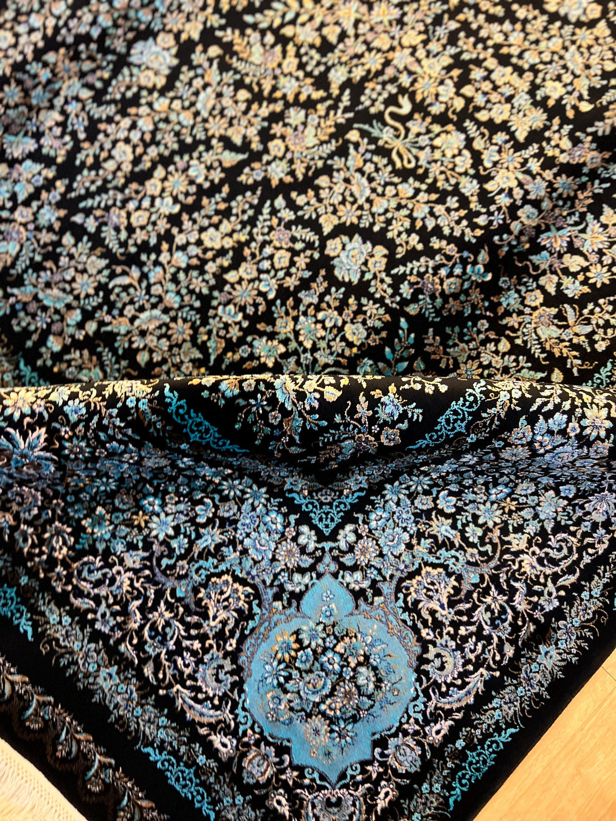 7x10 ft Elegant Silk Rug, Black Ground with Refined Blue Motifs