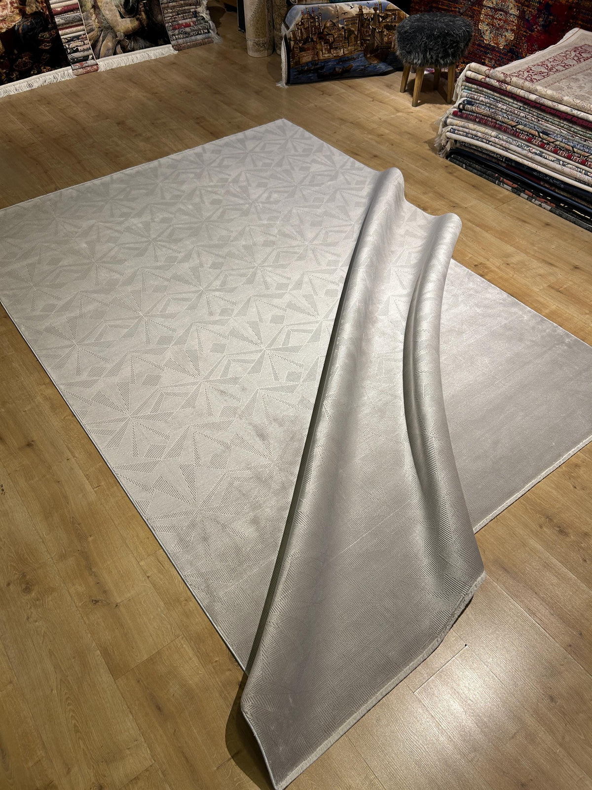 7x10 ft Gray Bamboo Rug, Geometric Striped Modern Area Rug