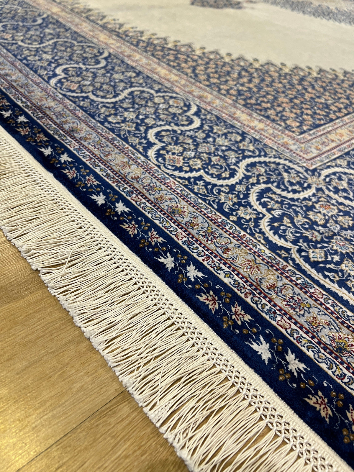 7x10 ft Grey Silk Rug, Navy Medallion and Border, Classic Design