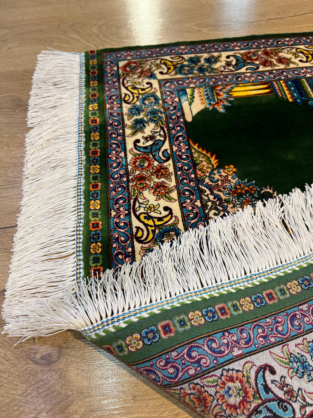 Green Modal Silk Prayer Rug, Luxury Muslim Gift Mat (2.62X4.10 ft) Janamaz Mat