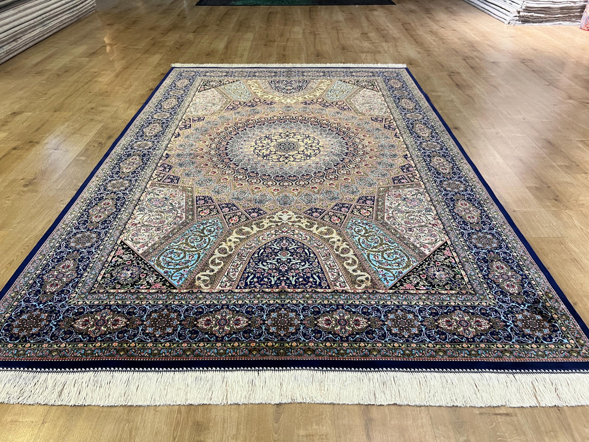 5x8 ft Silk Rug, Navy Blue Gold Medallion, Classic Turkish Style, Luxury Carpet