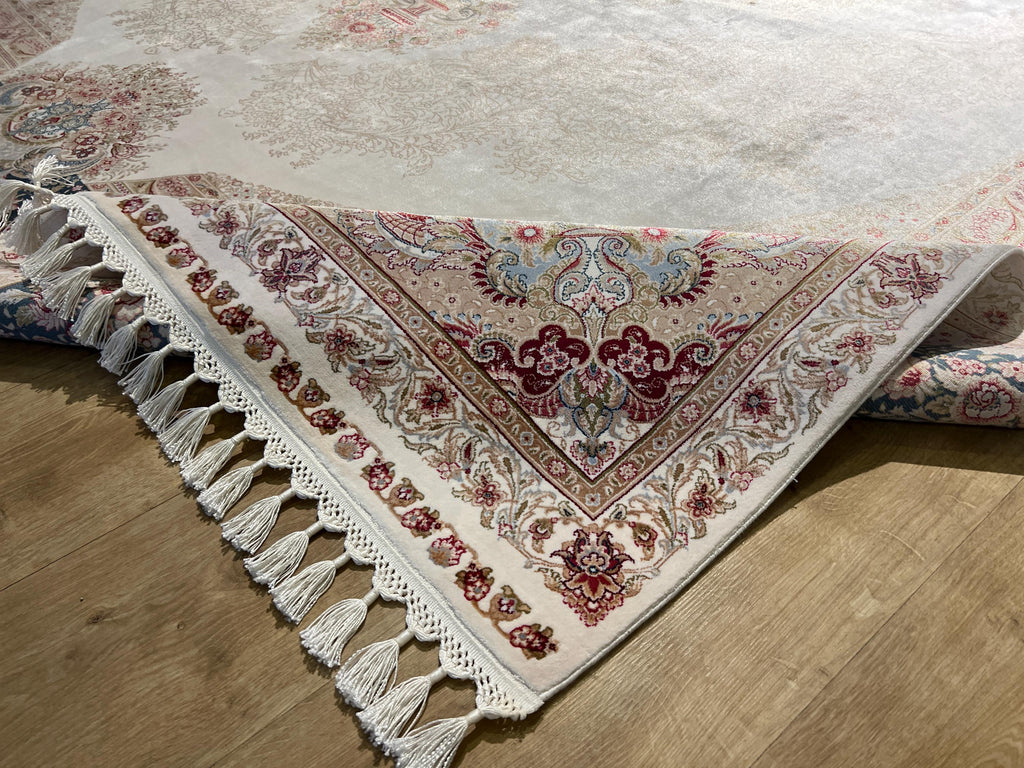 Cream Blue Silk Rug, Turkish Ottoman Style, 8x11 ft