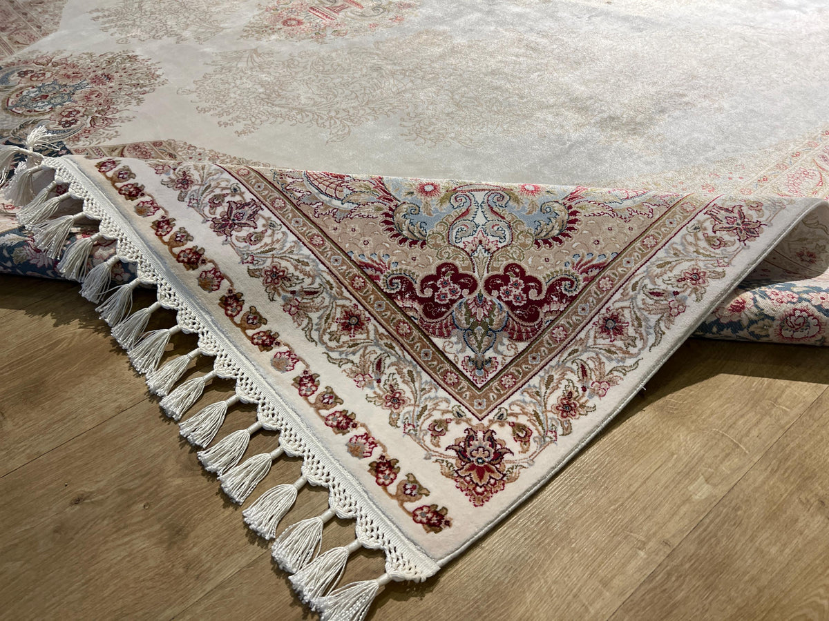 Cream Blue Silk Rug, Turkish Ottoman Style, 8x11 ft