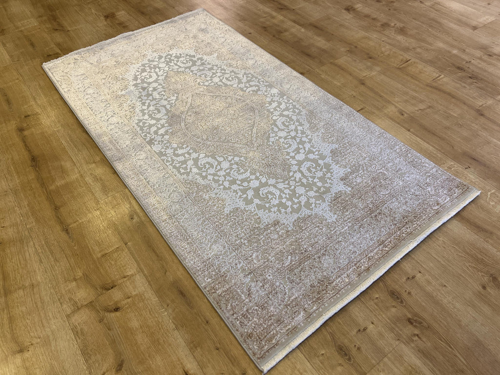 Beige Bamboo Rug with Gold Medallion, 3x5 ft, Turkish Style Small Rug