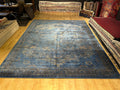 10x13 ft Blue Gold Gray Bamboo Rug, Distressed Pattern, Modern Rug