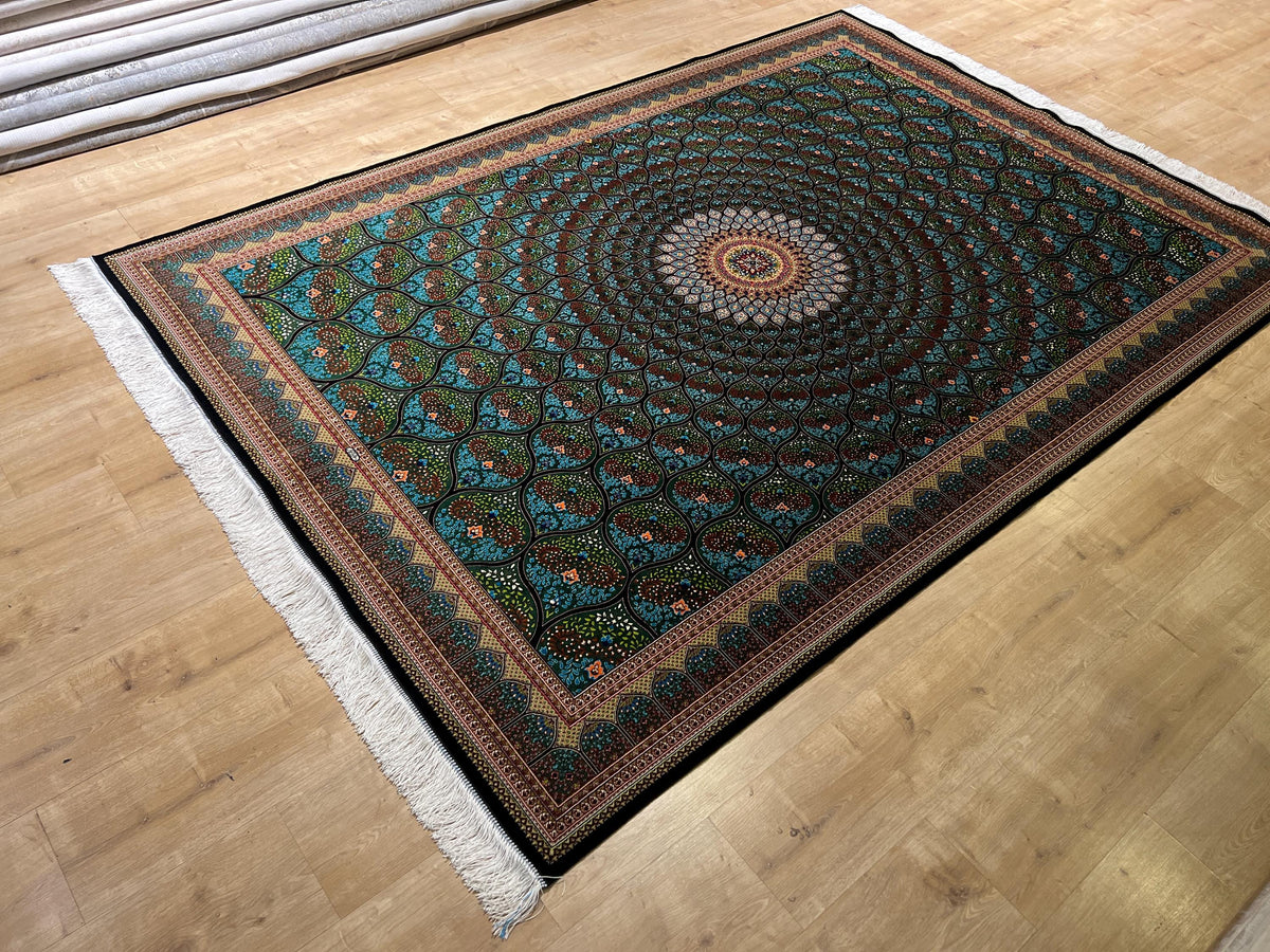 5x8 ft Green Silk Rug, Medallion Peacock Tail Design Rug, Luxury Carpet