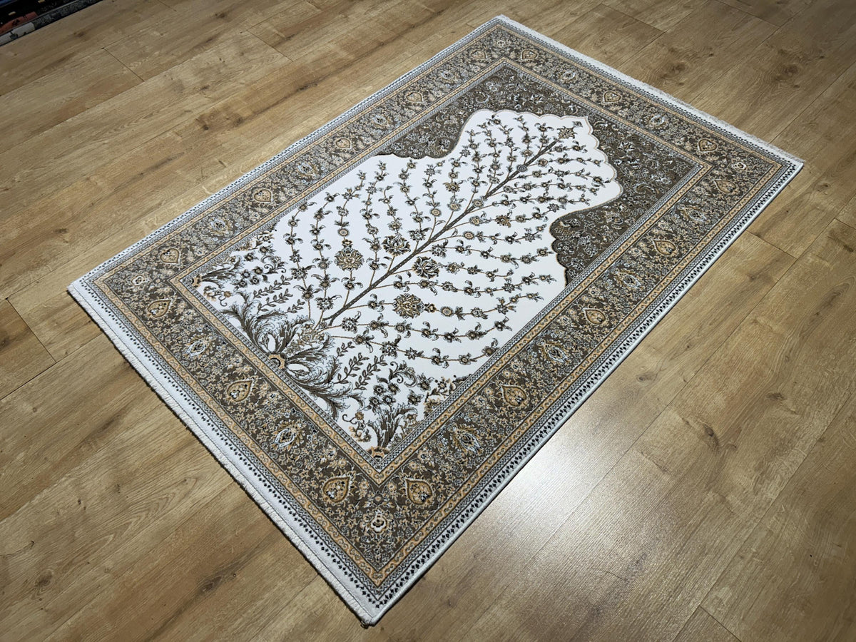 2.62x4 Ft Ivory Brown Floral Silk Prayer Rug, Muslim Gift Prayer Mat
