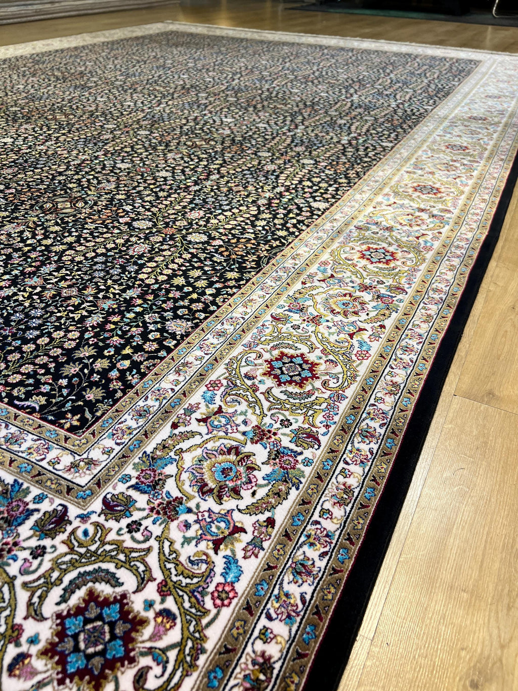 Black Modal Silk Rug 8x11 ft, Traditional Turkish Palace Design