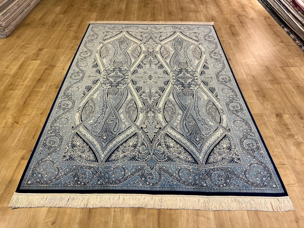 5x8 ft Silk Rug, Blue Tones with Timeless Motifs, Luxury Classic Silk Carpet