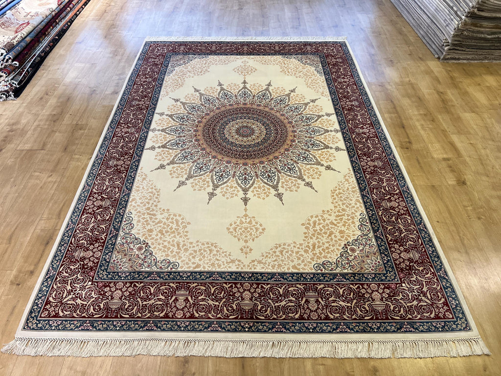 7x10 ft Cream Silk Rug with Red Blue Medallion and Border
