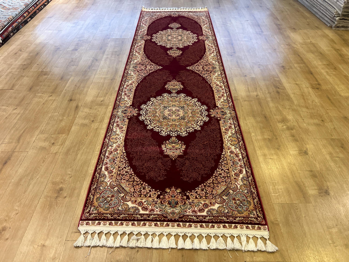 Red Silk Runner Rug, 3x10 ft, Medallion Design Classic Turkish Style Luxury Rug