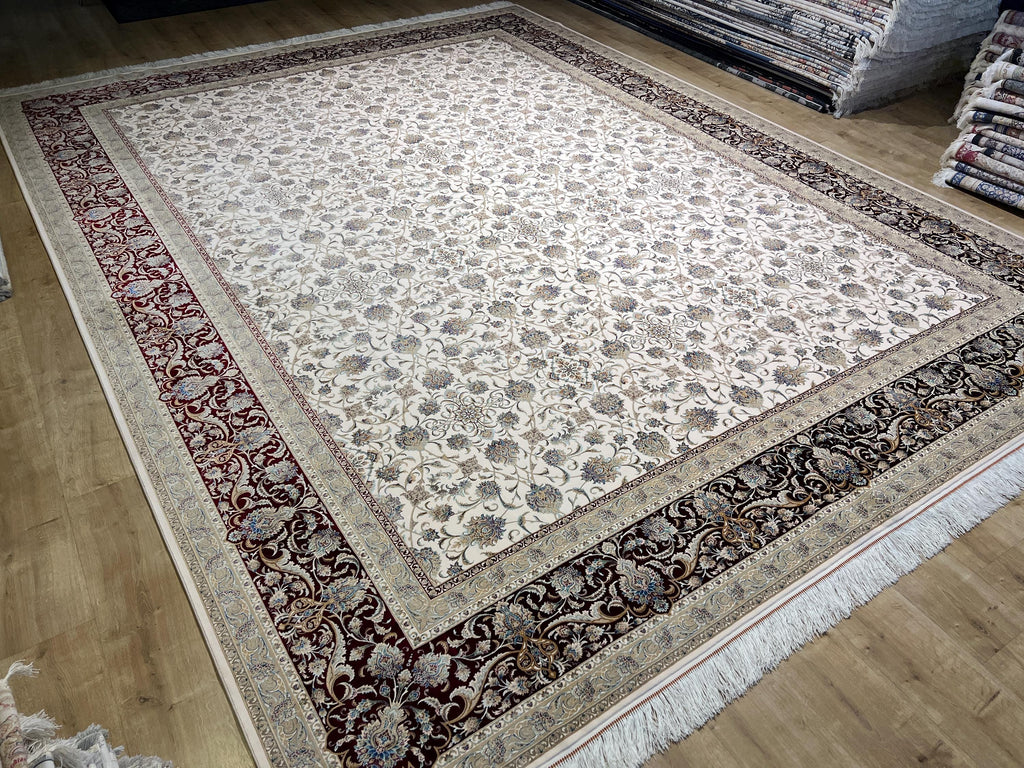 Cream Red Silk Rug, 10x13 ft, Large Classic Luxury Area Rug