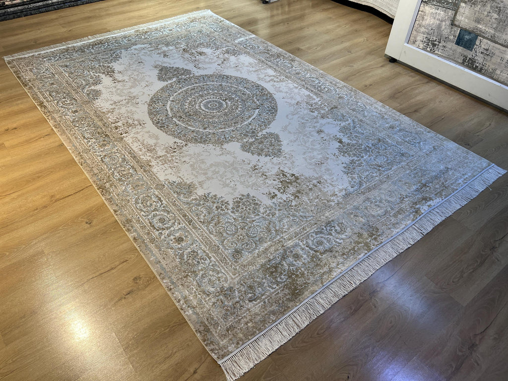 Cream Silk Rug with Beige Medallion and Border, Antique Style