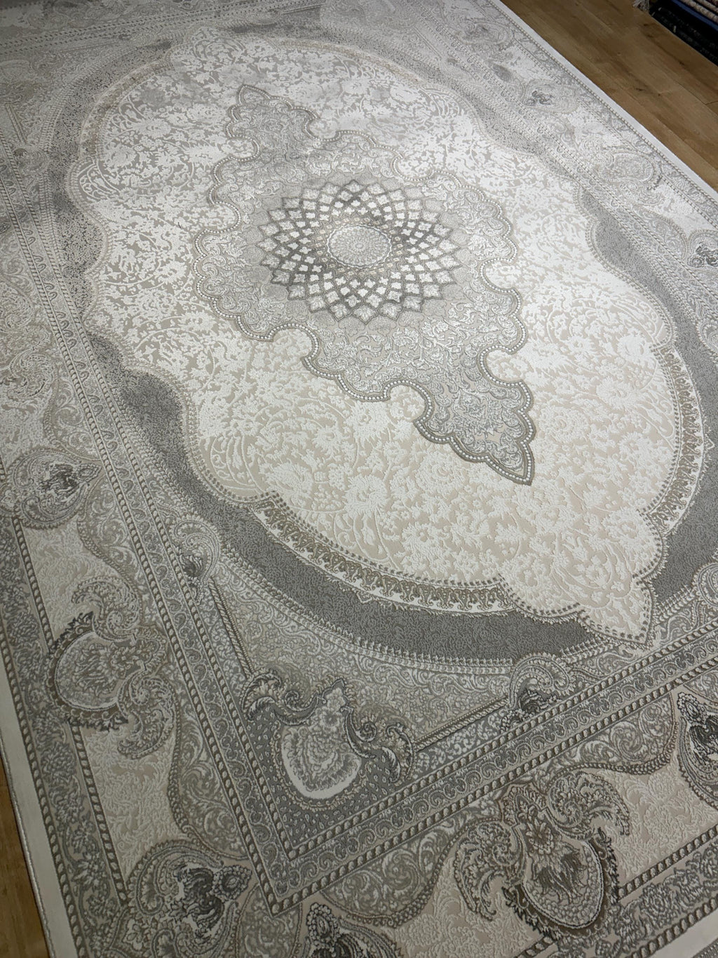Gray Ivory Bamboo Rug, Classic Medallion Design Bamboo Carpet, Turkish Style Home Decor