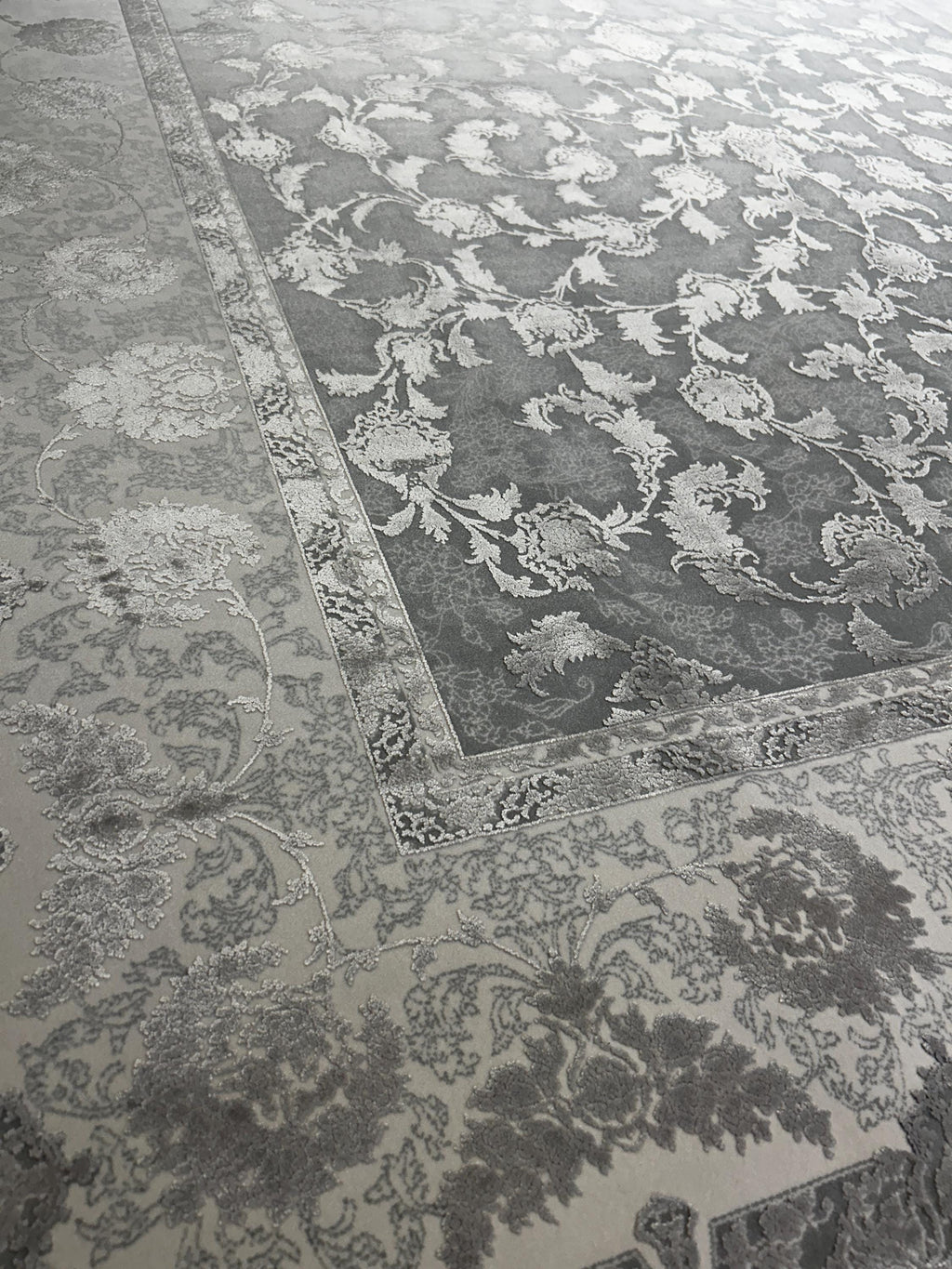 Gray Silk Bamboo Rug, 7x10 ft, Floral Pattern Bordered Turkish Rug
