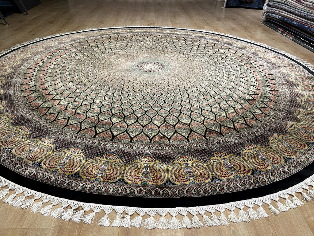 Black Gold Round Silk Rug, Classic Turkish Style Carpet, Medallion Design