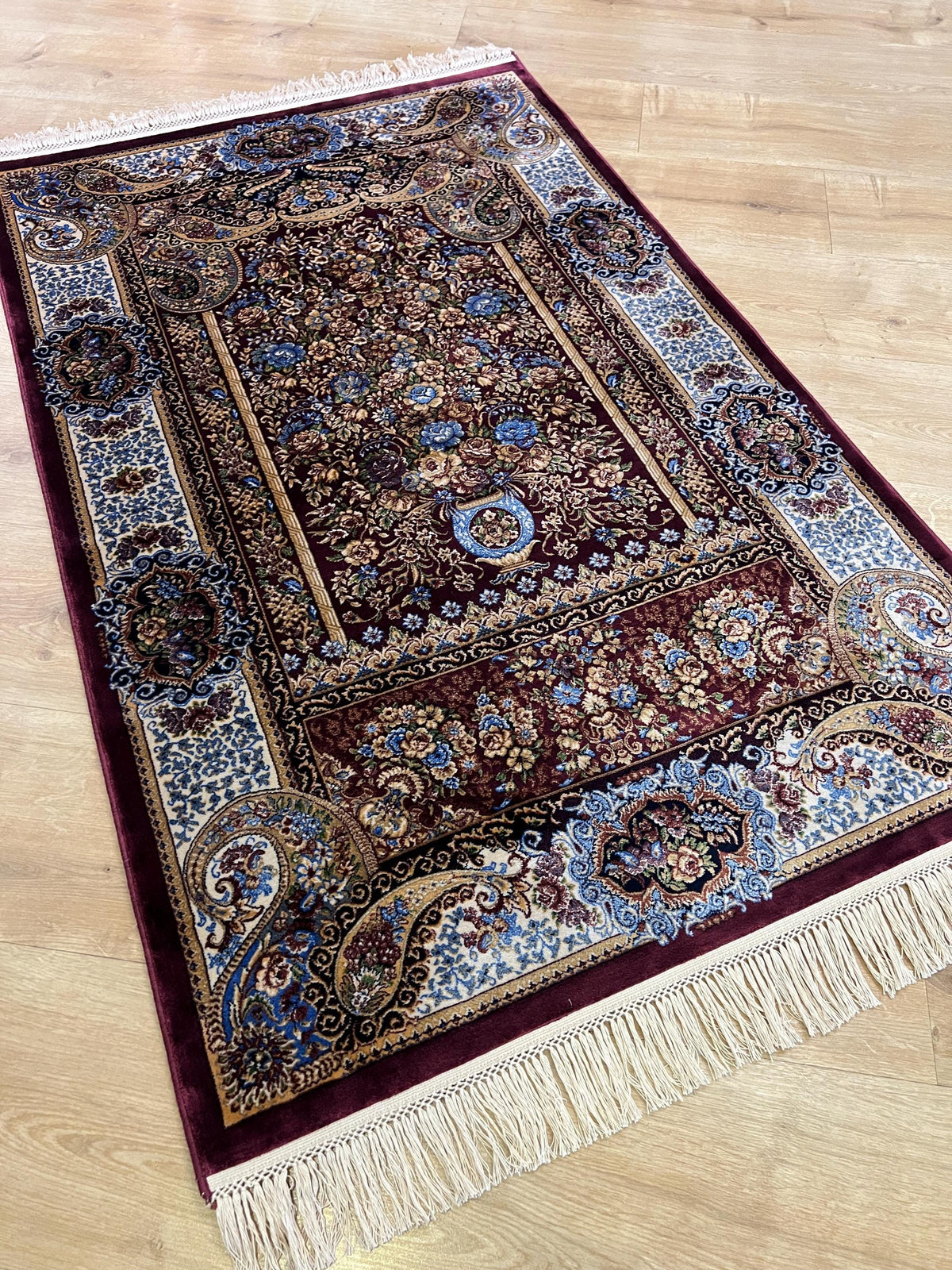 Red Modal Silk Prayer Rug, Muslim Janamaz Mat (2.62X4.10)