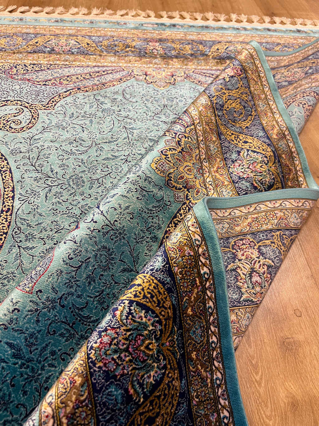 Blue Gold Modal Silk Rug, Classic Turkish Style, Medallion Pattern