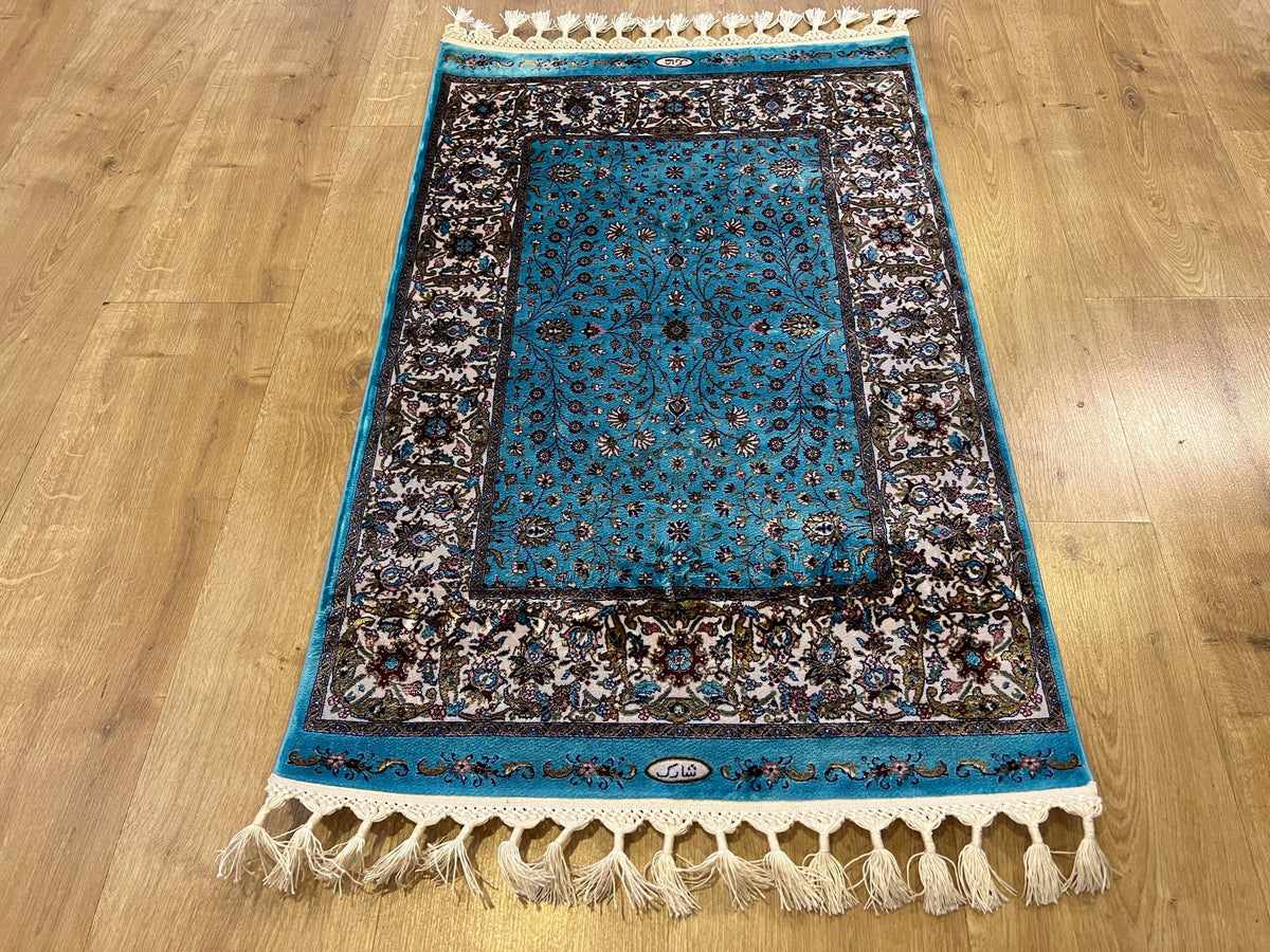 Blue Floral Silk Rug, Classic Luxury Design, Decorative Small Rug, Tapestry