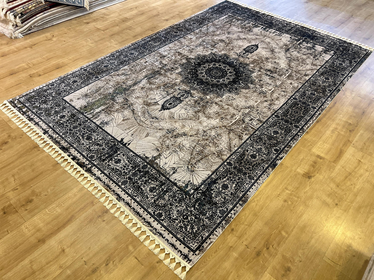 7x10 ft Cream Silk Rug, Gray Border Antique Medallion Classic Design