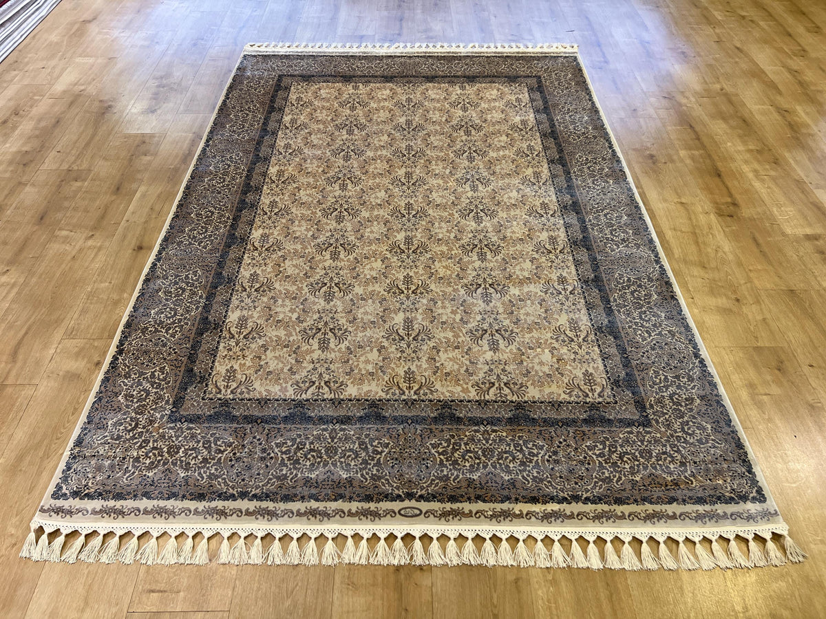 Gray Beige Silk Rug, Floral Design Bordered Silk Carpet, Turkish Home Decor