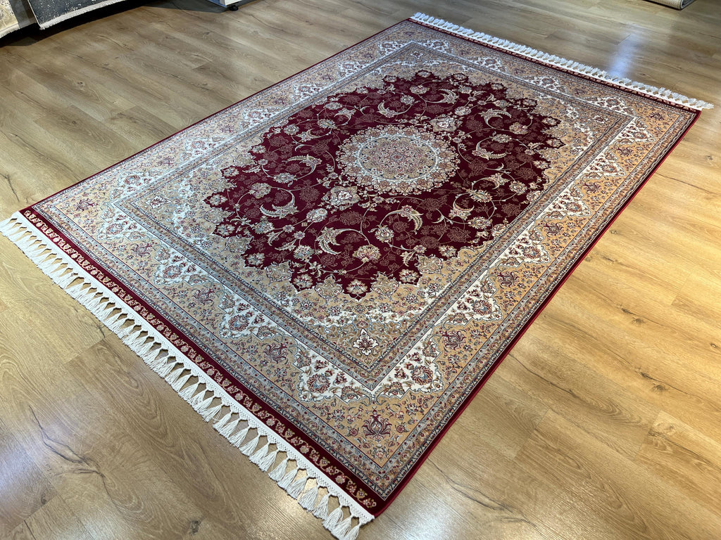 5x8 ft Classic Silk Carpet, Red Base Gold Medallion, Turkish Style