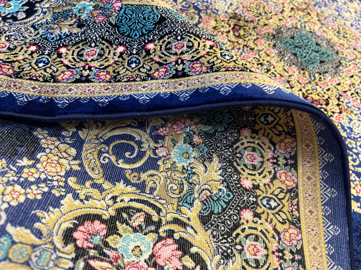 Navy Blue Silk Rug with Gold Floral Patterns, 4x6 ft, Classic Medallion Area Rug