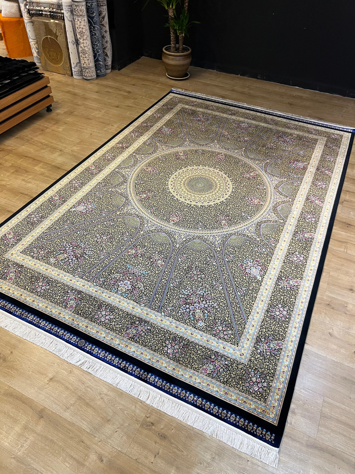 Black Gold Modal Silk Rug 7x10 ft, Turkish Style Medallion Carpet