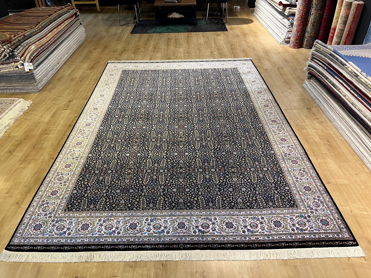 Black Modal Silk Rug 8x11 ft, Traditional Turkish Palace Design