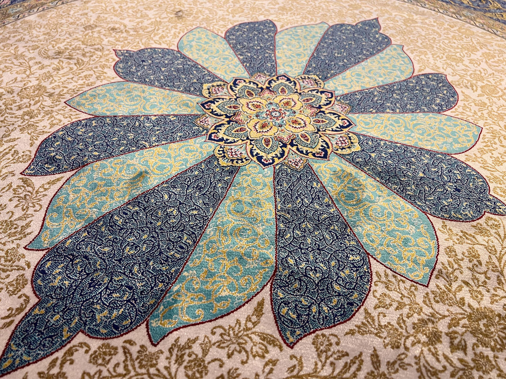 Ivory Silk Rug, Gold Pattern With Blue Medallion, Classic Luxury Area Rug