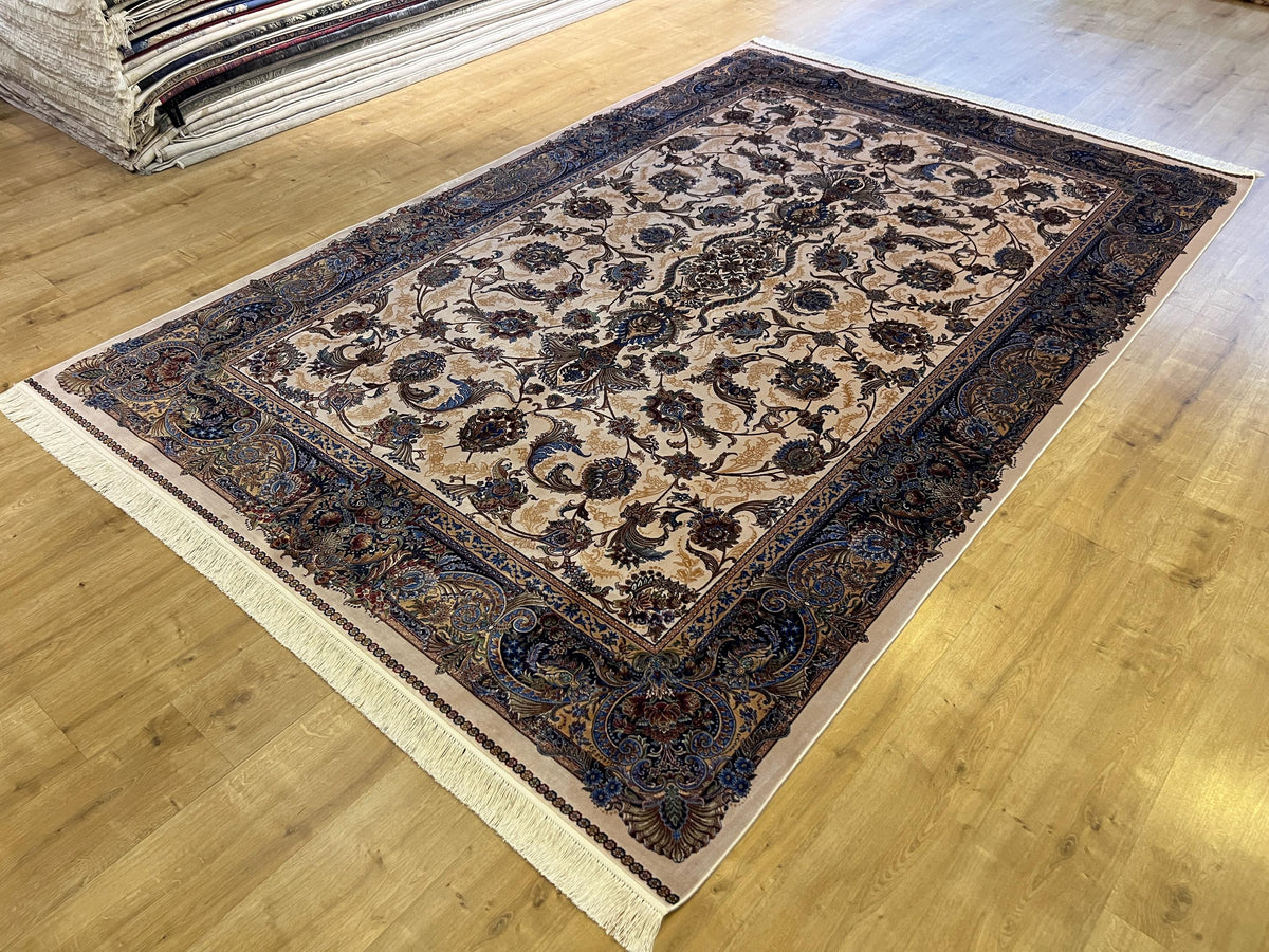 7x10 ft Ivory Silk Rug, Navy Border Classic Turkish Style, Oversize Rug