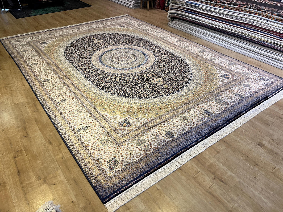 Bamboo Silk Navy Blue Rug 10x13 ft, Luxury Large Rug with Classic Medallion Design