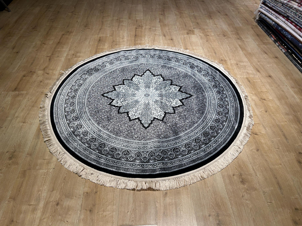 Black Gray Round Silk Rug, Medallion Design, Classic Luxury Area Rug
