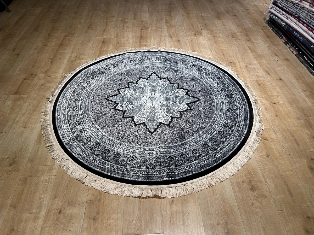 Black Gray Round Silk Rug, Medallion Design, Classic Luxury Area Rug