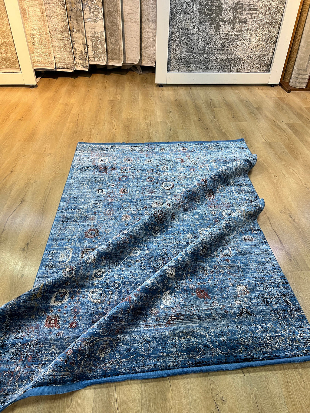 Blue Turkish Bamboo Rug, 5x8 ft, Home Decor Carpet