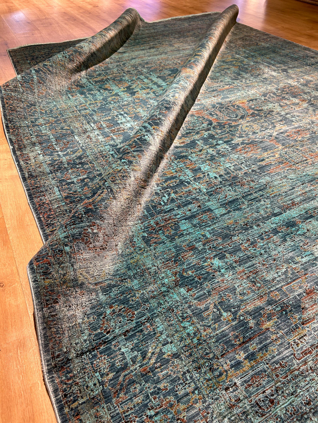 7x10 ft Turquoise Bamboo Rug, Distressed Pattern, Modern Rug