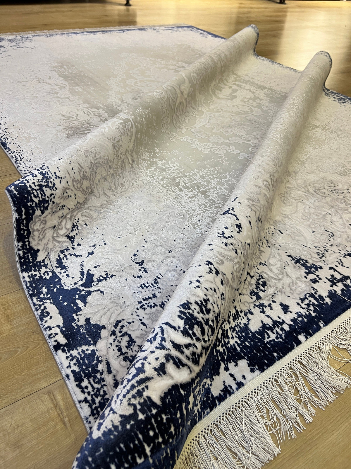 Blue Gray Bamboo Rug, Medallion Design Rug, 5x8 ft