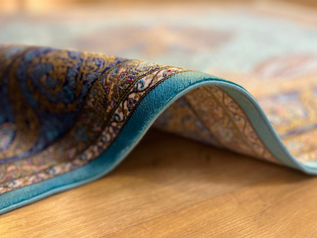 Blue Gold Modal Silk Rug, Classic Turkish Style, Medallion Pattern