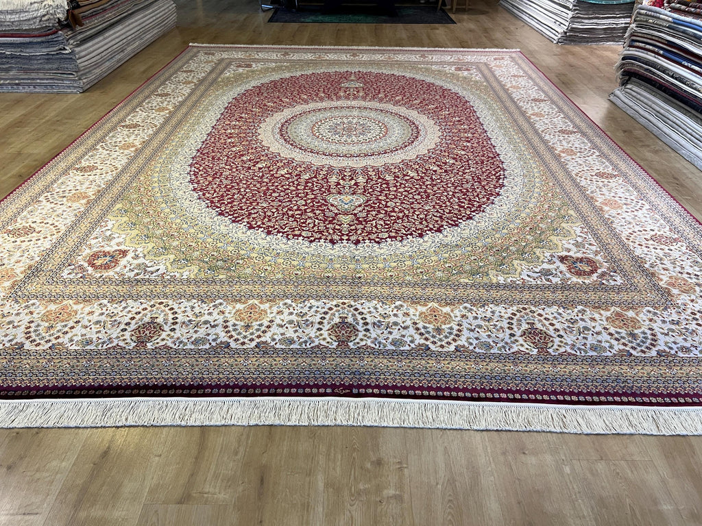 10x13 ft Red Silk Rug, Classic Medallion Design Traditional Rug