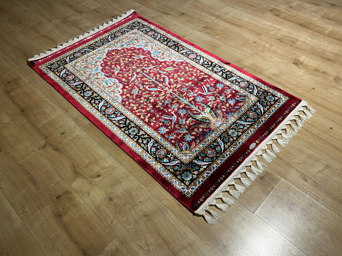 2.62x4.10 ft Red Silk Prayer Rug With Black Border, Floral and Bird Design Mat