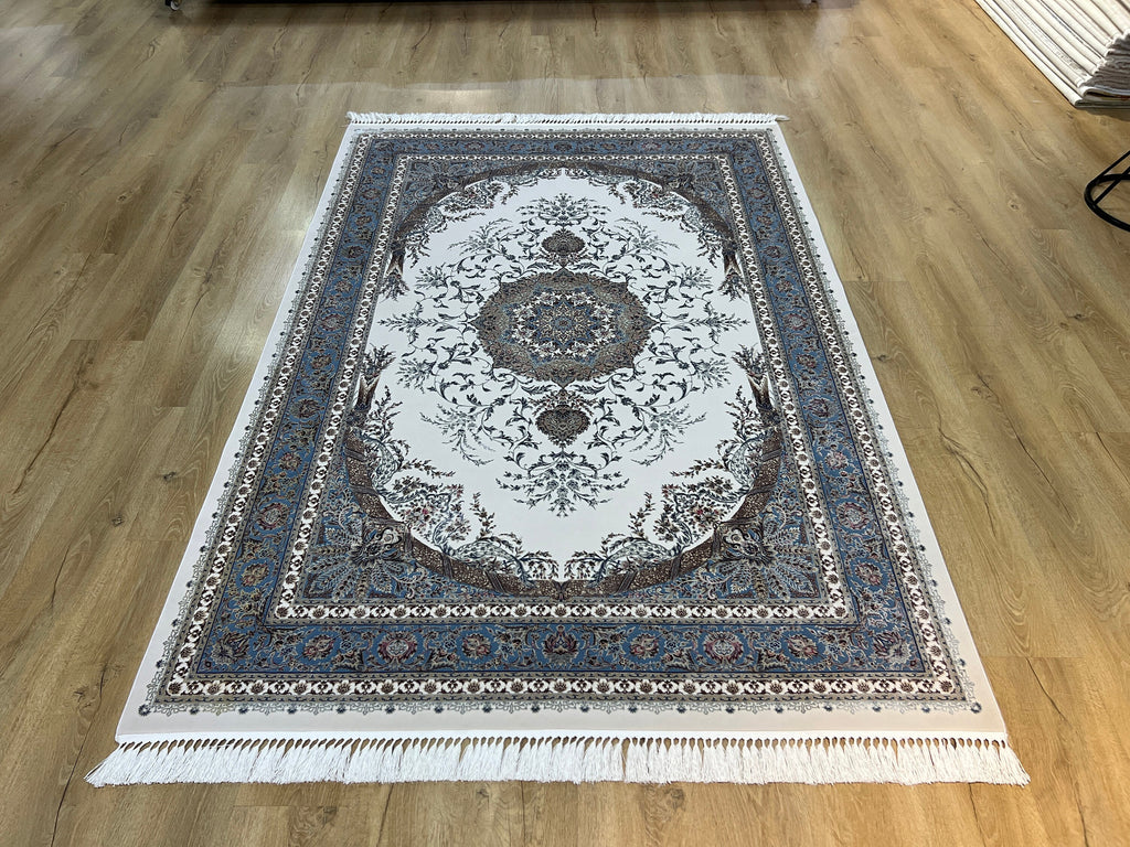 5x8 ft Ivory Silk Rug with Blue Border and Medallion, Classic Turkish Style