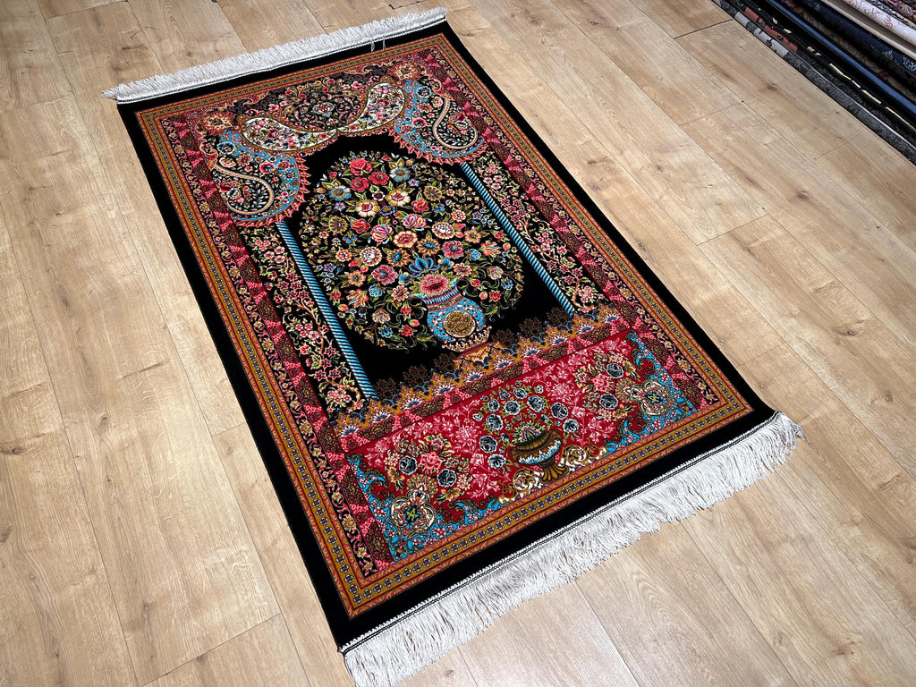 Black Small Silk Rug, Vase Pattern Wall Decor Mat, Floral Tapestry