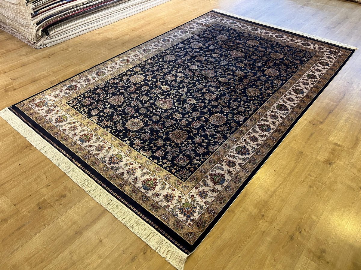 7x10 ft Navy Blue Silk Rug, Traditional Floral Carpet