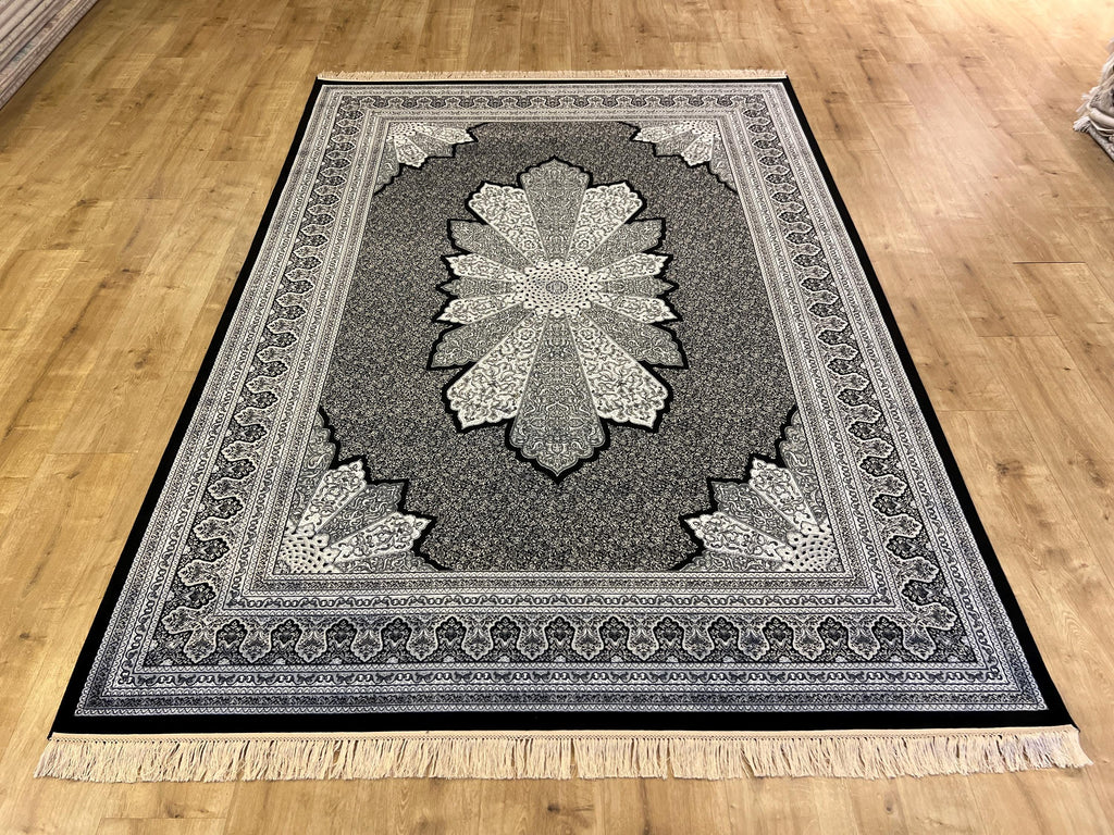 5x8 ft Black White Silk Rug, Traditional Medallion Design Rug , Luxury Home Decor