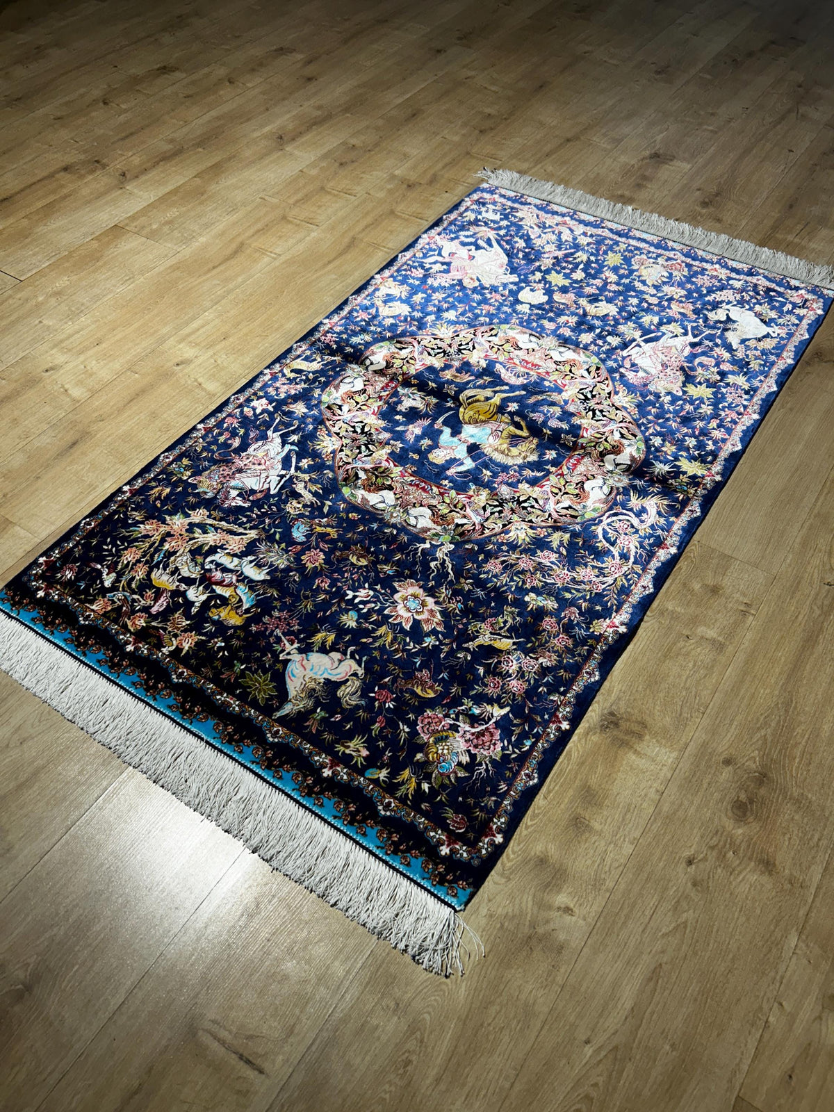 Blue Decorative Silk Tapestry Rug With Art Motifs, Floral Design